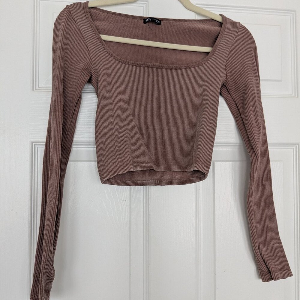 ZARA Ribbed Square-Neck Long Sleeve Crop Top | Size M